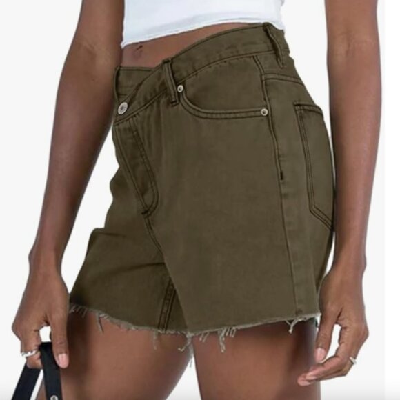 ZOLUCKY Ripped Jean Shorts for Women Mid Waisted Distressed Denim Shorts Khaki - Picture 4 of 4